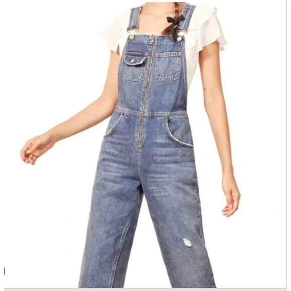 Reformation Overalls Benji Cotton Zip Front Buckled Denim Celtic Blue Size 8